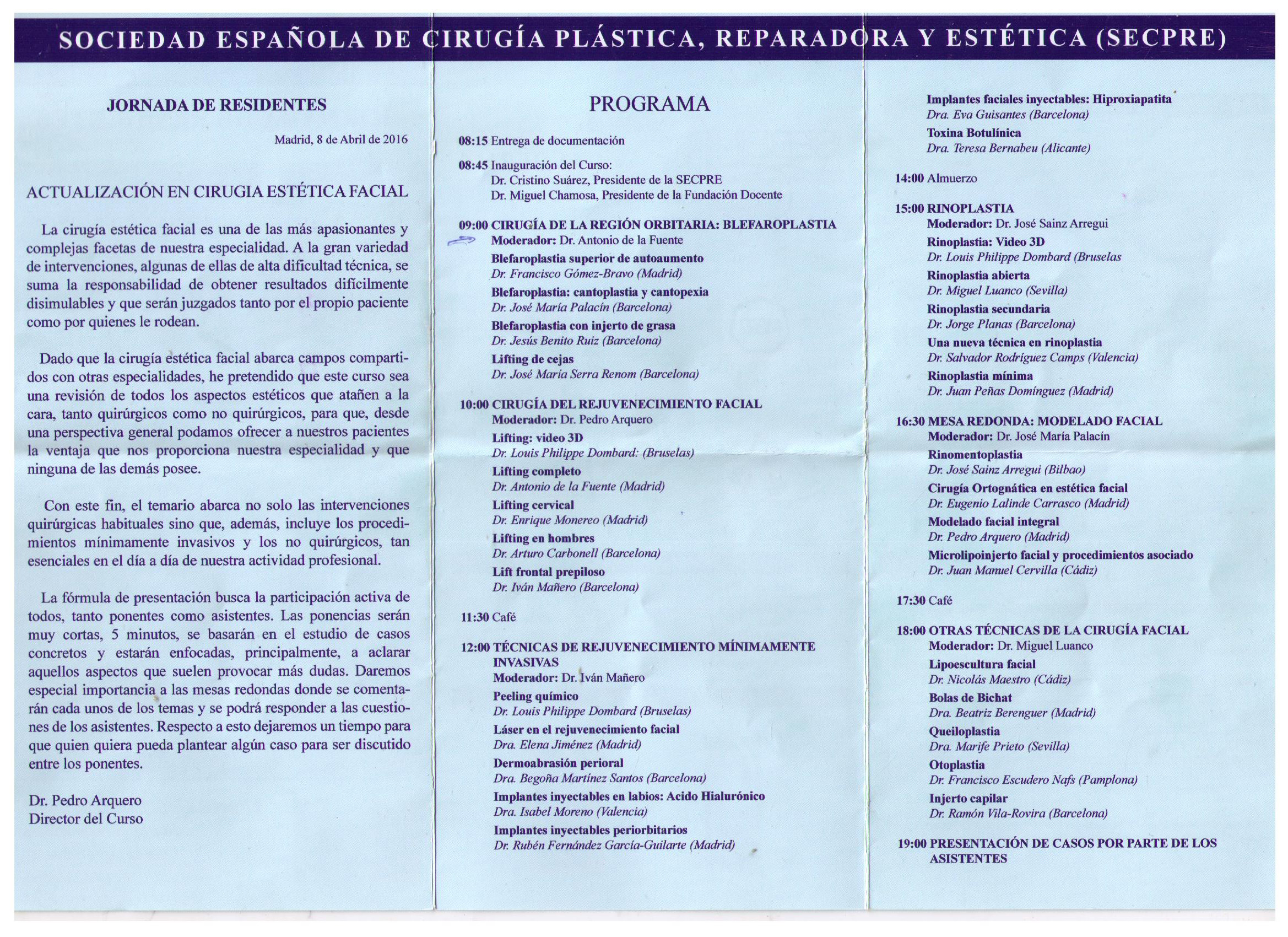 Actualizacion en cirugia estetica facial - Avril 2016 Madrid